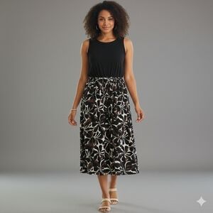 ​Fred David Floral Midi Dress  Size XL  Black & Neutral Print